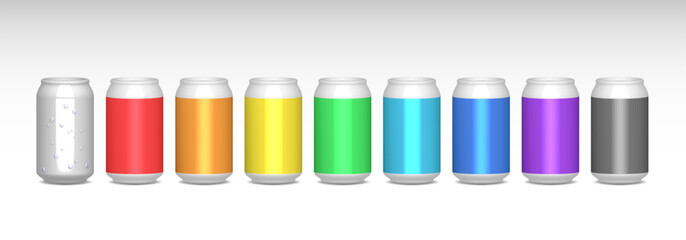 Vector 3d set of beer rainbow cans with water drops and shadows. Collection of colored metal aluminum containers. Samples, mockup. Light background.