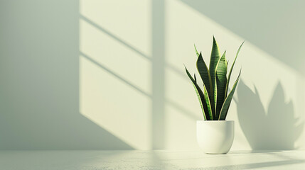 A snake plant in a minimalist interior setting, with its slender leaves contrasting against a clean white backdrop, creating a sense of serenity and balance in modern living spaces.