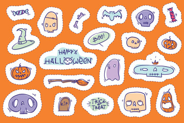 Doodle scary skull head, witch hat, broom, pumpkin, jack o lantern, candy, grave, headstone, bat, cute ghost face, mask. Vector set. Handdrawn colorful festive line art stickers for Halloween party
