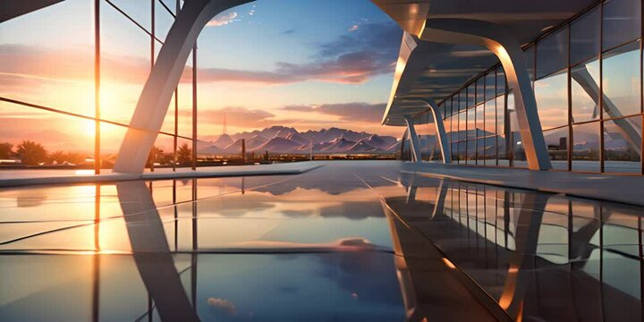 Perspective view of empty cement floor with steel and glass modern building exterior.generative ai