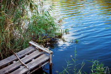 a small wooden pier on the riverbank