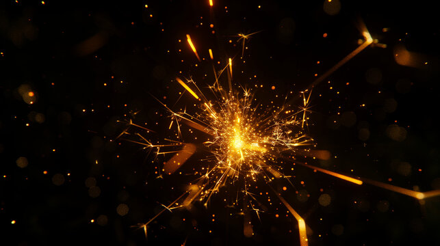 bakground of sparkler on black, yellow sparks, flash, light, night backdrop for celebration, party at night