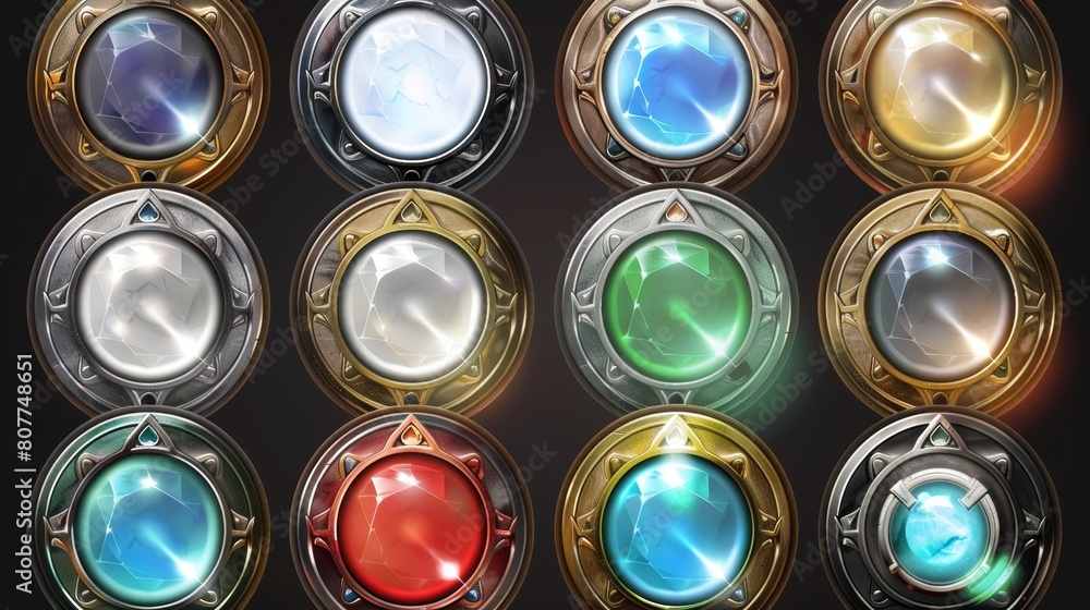 Aufkleber circle silver and gold frames for ui design in medieval style. modern cartoon set with metal thin bo