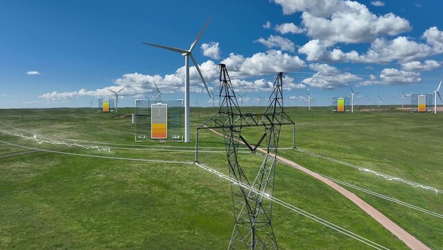 Wind farm with turbines, power lines and battery icons for energy storage. Graphic of electricity flow. Aerial - Powered by Adobe