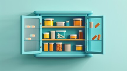 Medical cabinet isolated illustration. 3d first aid cupboard with shelf. Pills and drug medicament container mockup. Transparent glass door stand.