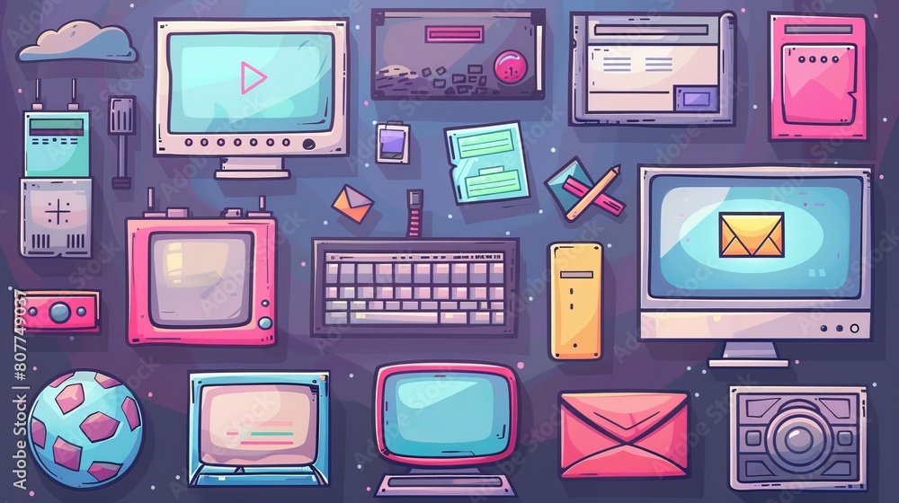 Aufkleber computer desktop with retro software windows. modern illustration of chat messenger, media player, i