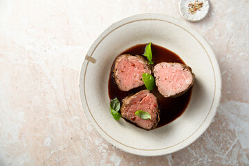 Roasted beef fillet with red wine sauce