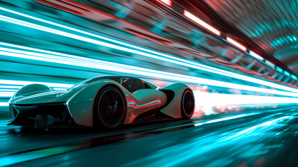 A futuristic sleek car drives quickly through the tunnel.