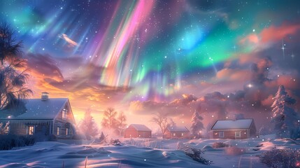 Gorgeous aurora town scenery poster background