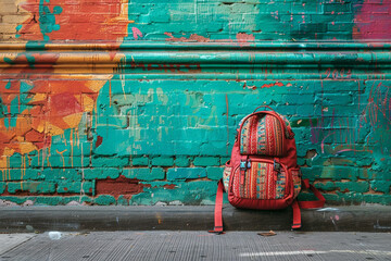 A vibrant red backpack with patterned straps leans casually against a vibrant green wall covered in street art. Copyspace to the left.