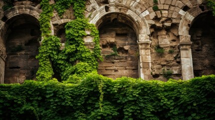 Outer walls of the Roman coliseum covered in ivy and vines narrating time's passage