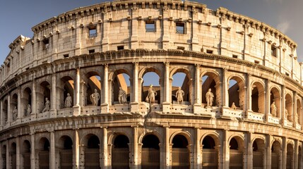 Majestic facade of the Roman coliseum adorned with statues depicting victories