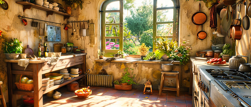 Charming Rural Kitchen with Antique Window and Greenery, Sunny Day in a Vintage European Home