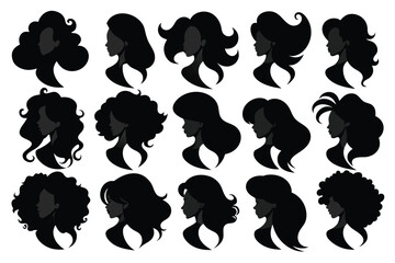 Set of Female Hair black Silhouette Design with white Background and Vector Illustration
