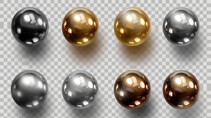 A realistic set of chrome balls isolated on a transparent background. Silver, golden, bronze, platinum metal 3D spheres with shadows and light reflection. Beads for jewelry. Design element.