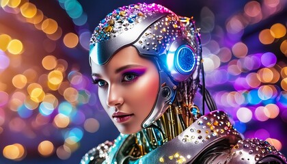Futuristic female robot with jewel-encrusted helmet against a vibrant purple bokeh backdrop."