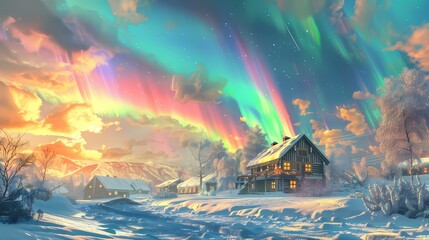 Gorgeous aurora town scenery poster background