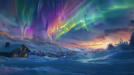 Naklejka premium Gorgeous aurora town scenery poster background
