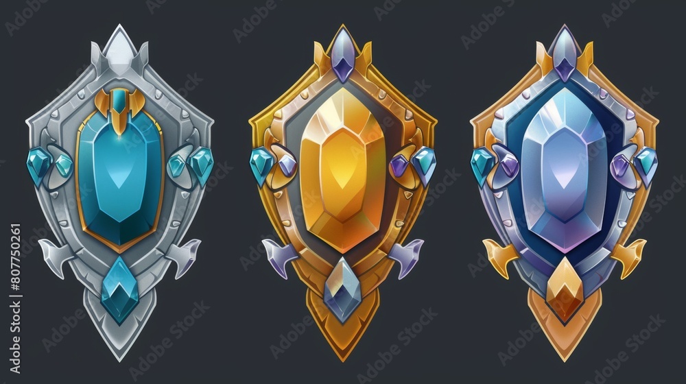 Poster game rank badge icon for avatar modern design. ancient frame divider with gems set in gold and silve