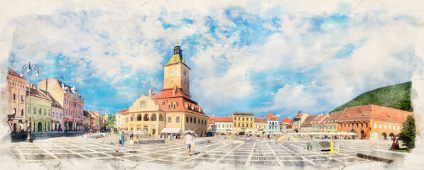 Council House on the main square Piata Sfatului of Old Town of Brasov, Romania in watercolor style