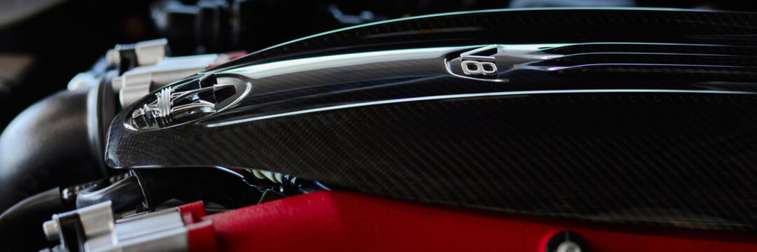 V8 engine, debuting in the Maserati Levante Trofeo. V8, 3.9l, 590HP and 730 nm. Accelerates from 0 to 100km-h in 3.9 seconds. Shallow depth of field. Katowice, Poland - 06.08.2019