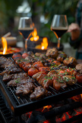 A grill is filled with meat and vegetables, and a person is standing behind it