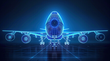 glowing Boeing 747 airplane on translucent background, blue, wireframe, sense of technology