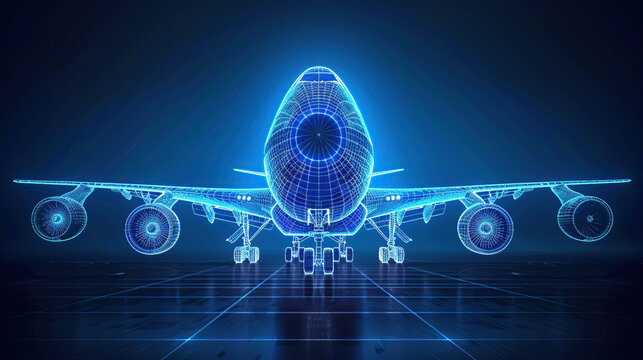 glowing Boeing 747 airplane on translucent background, blue, wireframe, sense of technology