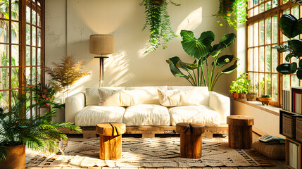 Chic Living Room with Wooden Floor and Stylish Sofa, Modern Home Interior with Green Plants