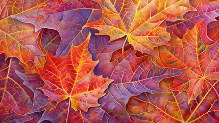 close-up view of the intricate patterns and vibrant colors of Fall Fiesta Sugar Maple leaves, with their serrated edges and delicate veins illuminated  the soft light of a crisp autumn morning