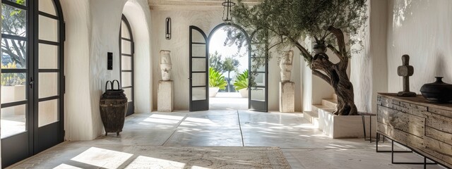 Naklejka premium Luxurious Mediterranean Villa, Bright Entrance Hall with Olive Tree