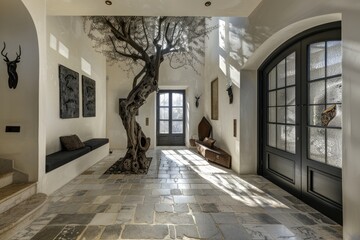 Luxurious Mediterranean Villa, Bright Entrance Hall with Olive Tree
