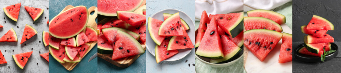 Collage with many slices of ripe watermelon - Powered by Adobe