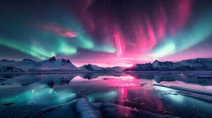 A breathtaking view of the Northern Lights dancing above snowcovered mountains, reflecting on icy waters in an endless horizon of wilderness. 