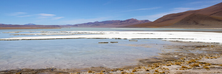 Bolivia, Avaroa National Park. Panorama of the salt lake.