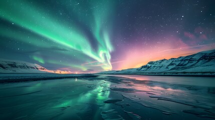 Naklejka premium A breathtaking view of the Northern Lights dancing above snowcovered mountains, reflecting on icy waters in an endless horizon of wilderness. 