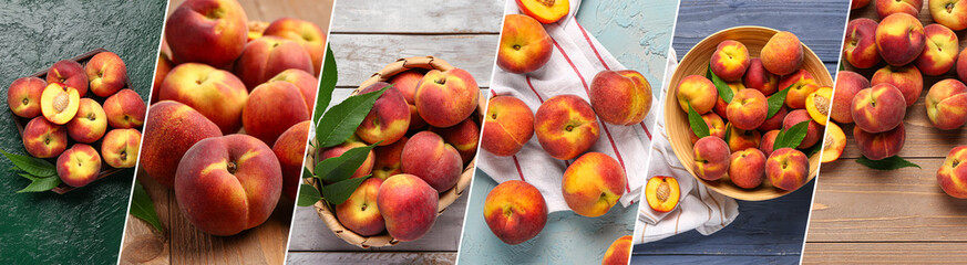 Collage with many sweet ripe peaches