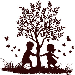 Children Playing Under Tree Silhouette