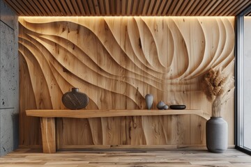 modern luxury hotel lobby wall with wavy wood relief panels and wall art. In front is a wooden table and vases