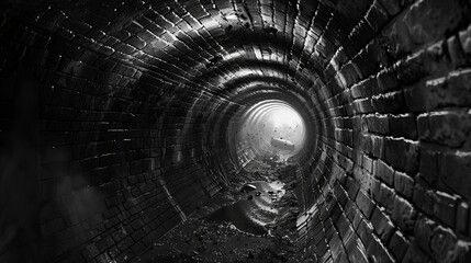 Black and white 3D render of an old brick tunnel