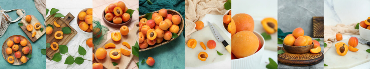 Collage with many ripe fresh apricots