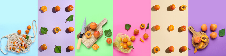 Collage with many fresh apricots on color background, top view