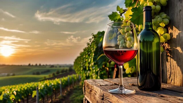 A glass of red wine and a bottle of wine on a wooden table in a vineyard. AI.