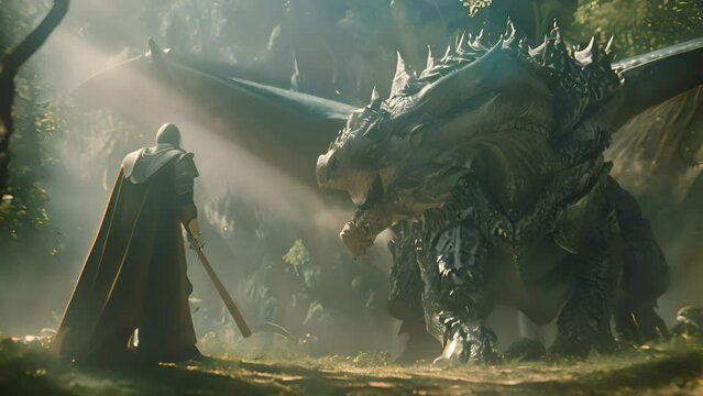 Knight Facing a Dragon in Enchanted Forest with Ai generated.
