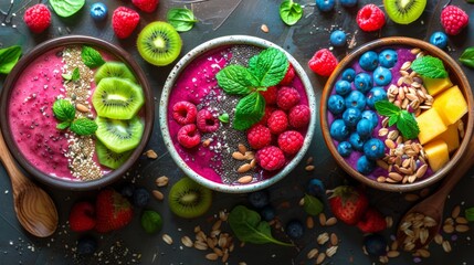 Three bowls of assorted fruit on a table with vibrant green, blue, and purple colors, AI-generated.