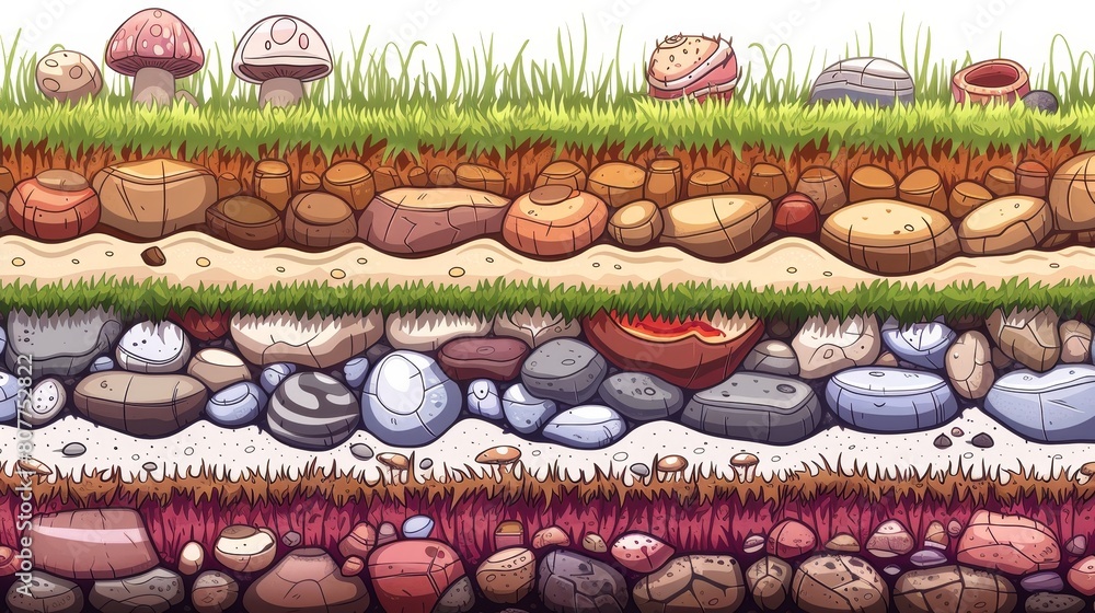 Poster a seamless cartoon landscape texture with grass, stone, and lava. nature interface design for floor 