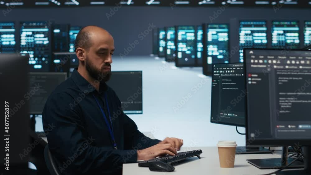 Poster engineer writing code in high tech facility with server rows providing computing resources for diffe