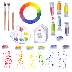 Artist's art supplies kit palette brushes paint colors pencil. Watercolor oil acrylic tempera gouache. Liquid pigments expressive colorful splashes drops. Hand drawn illustration isolated background