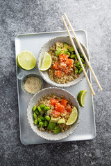 Salmon poke with quinoa and avocado