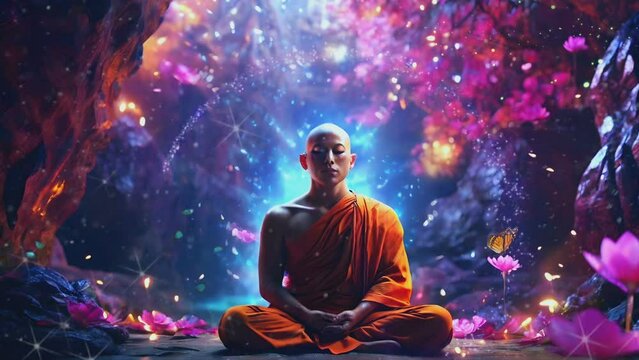 young monk meditating in cave with fantasy aura and beauty, seamless looping time lapse virtual 4k video animation background